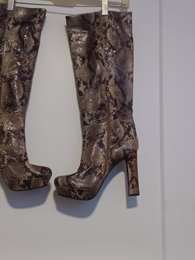 Worthington Tan Snake-Print Heeled Ankle Boots